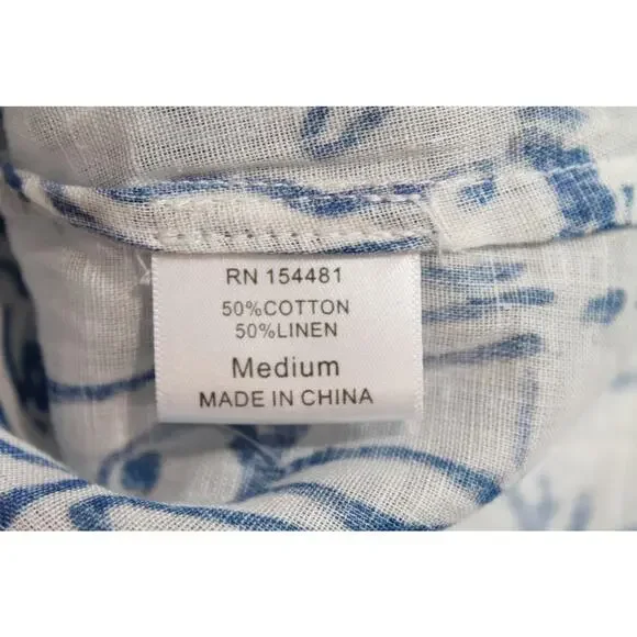 Jean-Pierre Klifa Top Womens White Blue Bunny Print Linen Blend Button Up Casual - Picture 6 of 9
